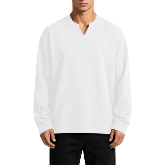 KyCheLot Mens Long Sleeve Shirt V Neck Textured Tops Oversized Casual Athletic Fashion Streetwear Pullover
