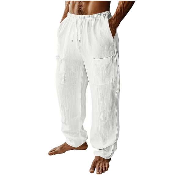KyCheLot Mens Lounge Pants Cotton Linen Breathable Comfy Mid Waist Drawstring Casual Pants Vacation