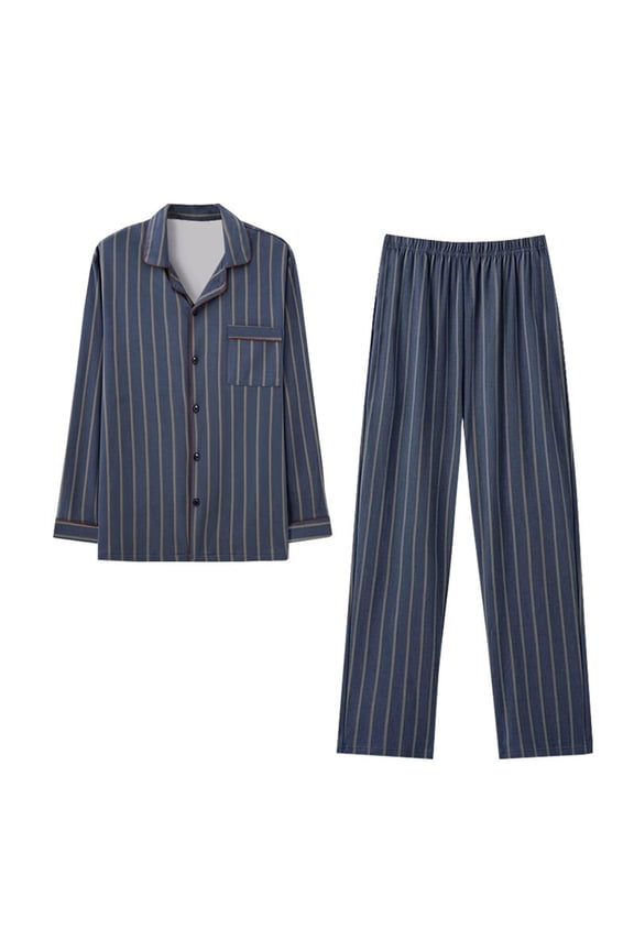 Mens Pajamas Set Classic Stripe Button down Long Sleeve Tops and Mid Waist Loose Trousers Daily Home Set