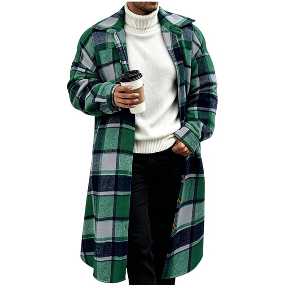 KyCheLot Mens Plaid Long Coat Button down Lapel Jacket Loose Casual Daily Warmth Outwear for Cold Weather