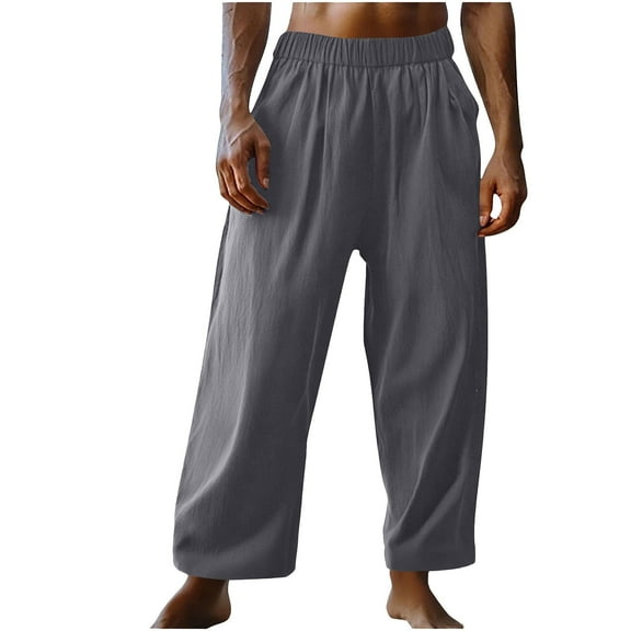 KyCheLot Mens Summer Casual Pants Wide Leg Solid Color Cropped Pants Beach Travel Trousers with Pockets