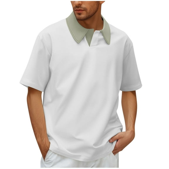 KyCheLot Mens Tunic Tops Business Casual Short Sleeve Patchwork Lapel Solid Color Loose Work Shirt