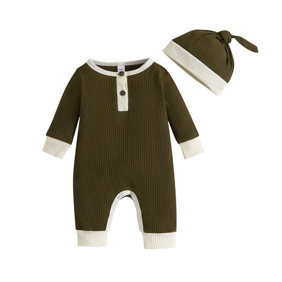 KyCheLot Newborn Baby Boy Girl Romper Ribbed Long Sleeve Jumpsuit with Hat 2 Piece Playwear 0-18 Months