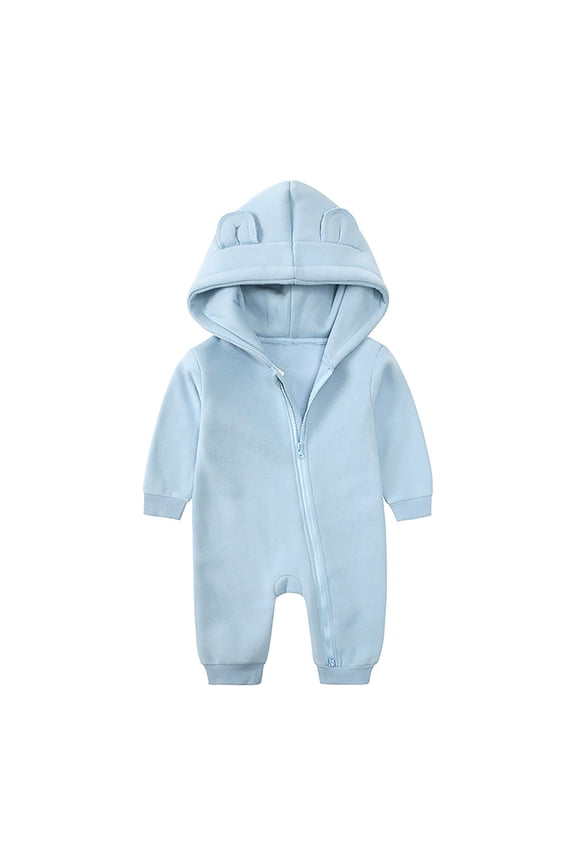 Newborn Baby Boy Girl Warm Clothes Hooded Zip up Long Sleeve Jumpsuit Solid Color Romper 0-24 Months