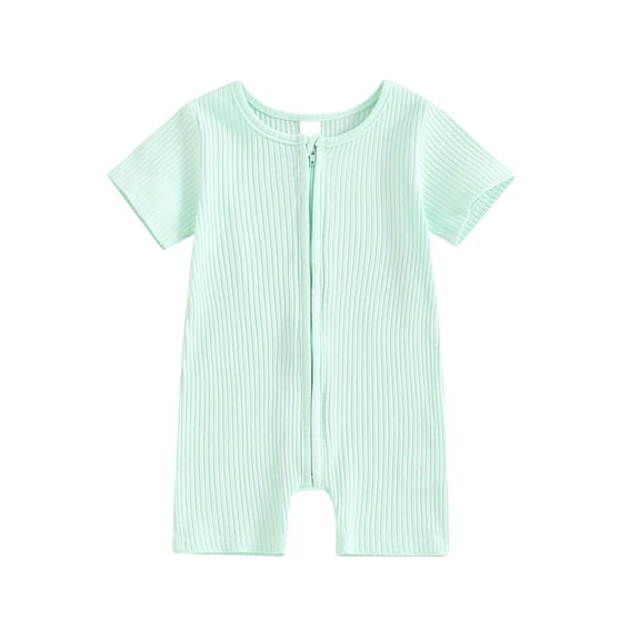 KyCheLot Newborn Baby Girls Jumpsuit Knit Ribbed Short Sleeve Full Zip up Romper Summer Bodysuit 0-12 Months