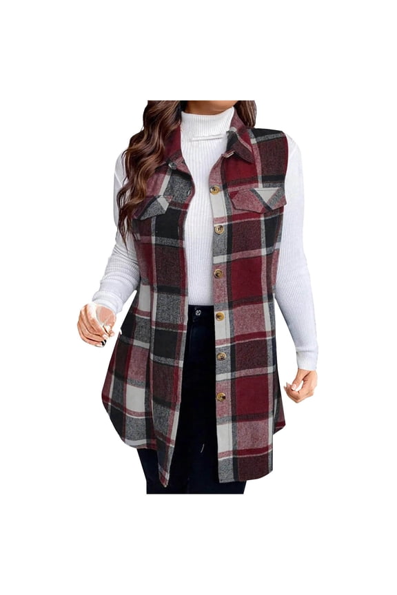Plaid Vest for Women Sleeveless Button down Flannel Shirt Long Jacket Lapel Casual Outerwear Plus Size