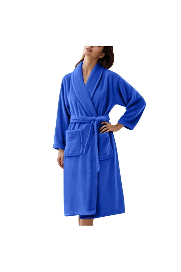 Robe for Women Winter Classic Solid Color Long Sleeve Belt Knee Length Comfy Bathrobe Homewear
