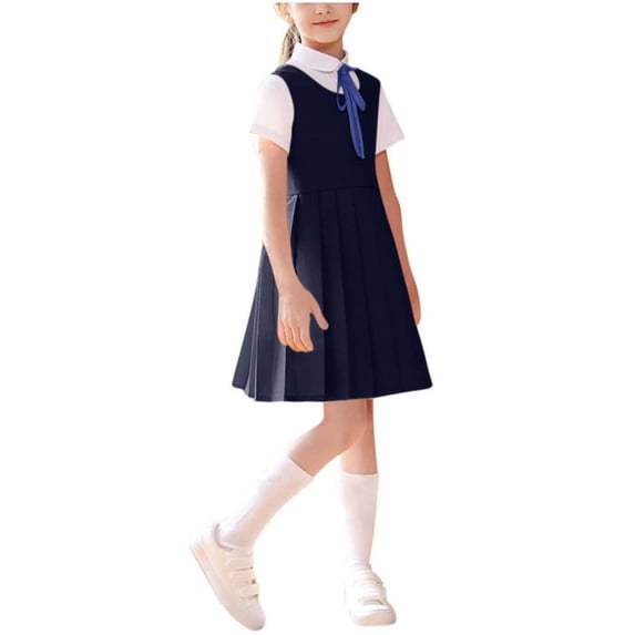 KyCheLot School Uniform Set for Girls Short Sleeve Blouse and Crewneck Sleeveless Dress with Bowtie Dress Set 3-15Years