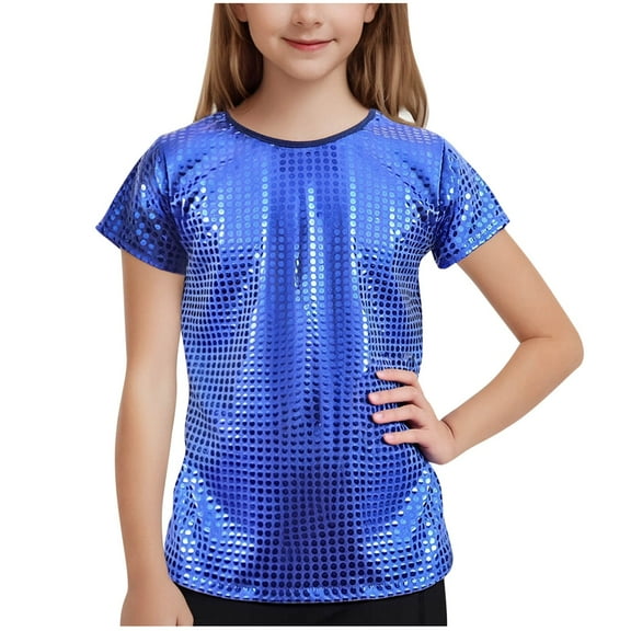 KyCheLot Sequin Tops for Girls Short Sleeve Pullover Sparkly Round Neck Party Tops Dancewear 11-17 Years