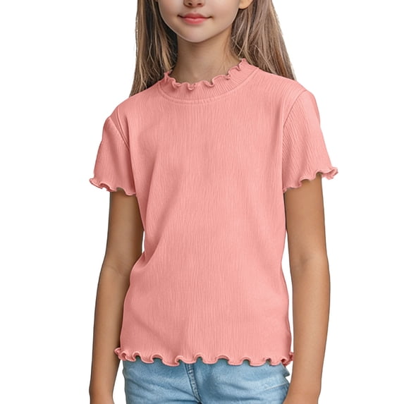 KyCheLot Short Sleeve Tshirts for Girls Casual Ruffle Neck Stretchy Breathable Pullover Tops Spring Summer 1-10 Years