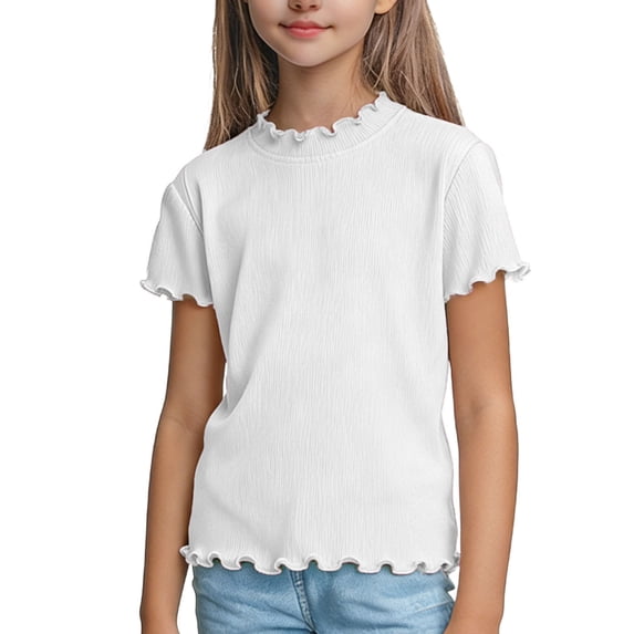 KyCheLot Short Sleeve Tshirts for Girls Casual Ruffle Neck Stretchy Breathable Pullover Tops Spring Summer 1-10 Years