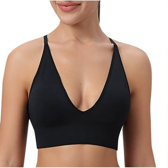KyCheLot Sports Bras for Women Deep V Neck Bra Seamless Spaghetti Strap Padded Criss Cross Support Yoga Bras