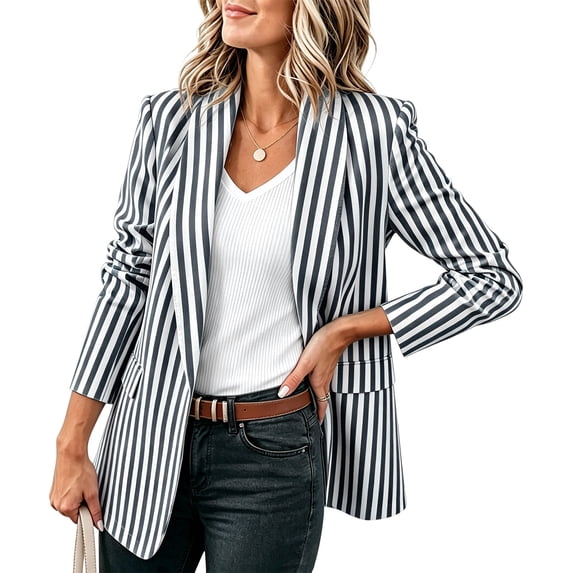 KyCheLot Stripe Blazer for Women Solid Color Long Sleeve Lapel Neck Blazers Coat Trendy Casual Business Officewear
