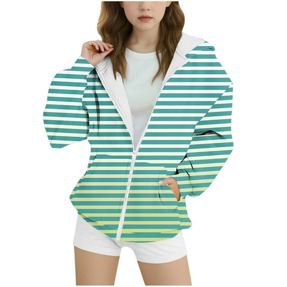 KyCheLot Stripe Jacket for Girls Kids Casual Oversized Zip up Hoodie Comfort Long Sleeve Sweatshirts Jackets 6-15Years