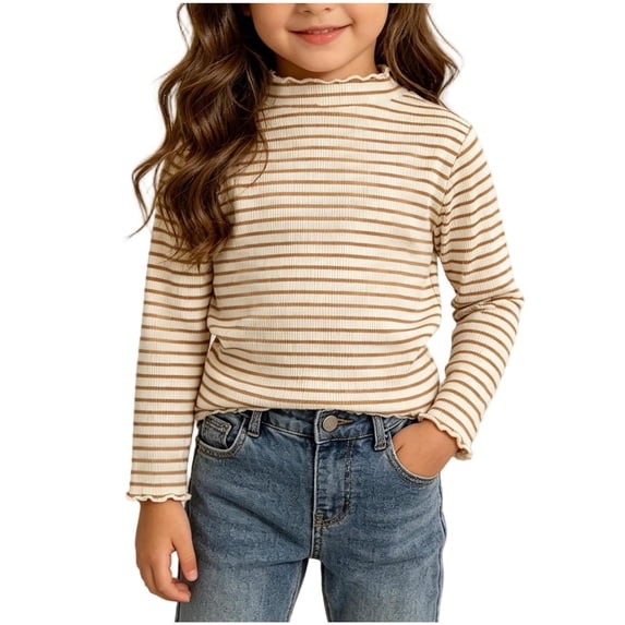 KyCheLot Stripe Knitted Tops for Boys Girls Fall Ruffle Trim Round Neck Workout Tops Toddler Comfy Schoolwear