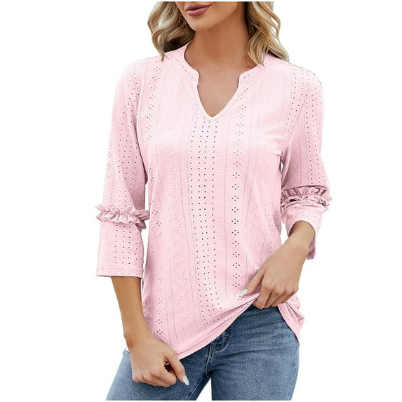 KyCheLot Summer Blouse for Women Comfy V Neck Elegant Breathable 3/4 Sleeves Shirts