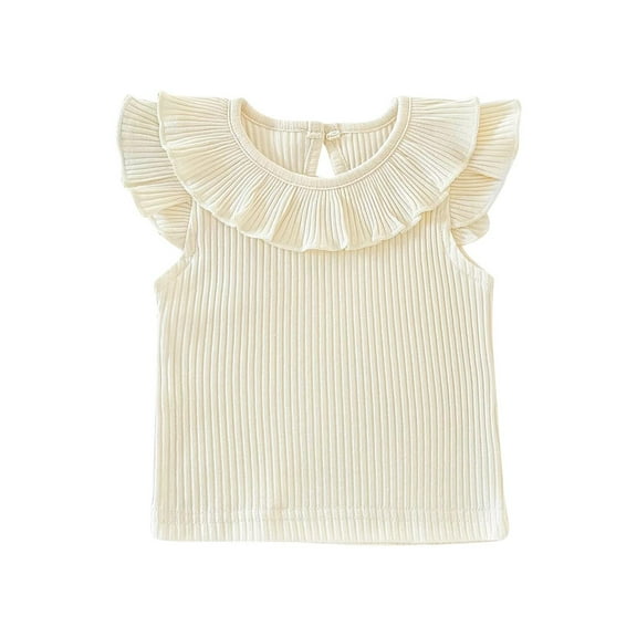 KyCheLot Summer Knit Tops for Baby Girls Ribbed Knit Stretchy Ruffle Sleeve Solid Color Casual Clothes 6Months-4Years