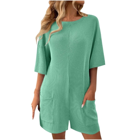 KyCheLot Summer Outfits for Women Rompers Knit Ribbed Short Sleeve Crewneck Tee Romper with Pockets