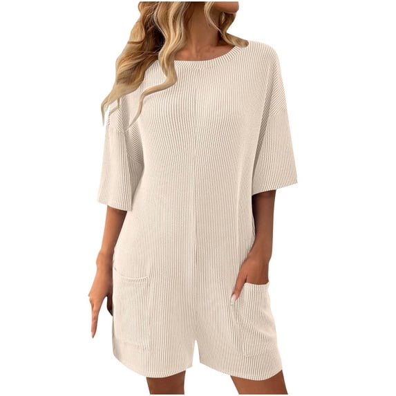 KyCheLot Summer Outfits for Women Rompers Knit Ribbed Short Sleeve Crewneck Tee Romper with Pockets