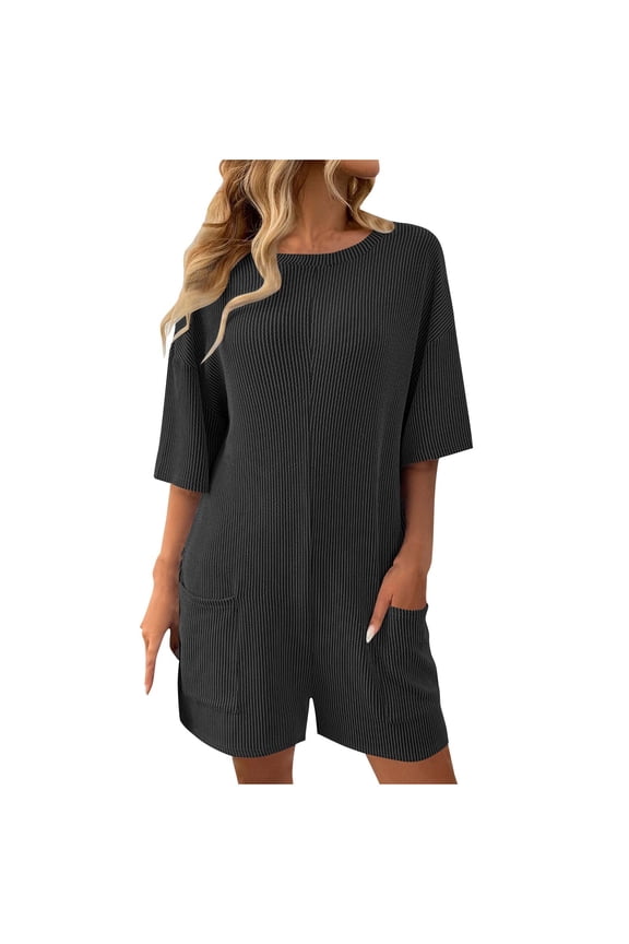Summer Outfits for Women Rompers Knit Ribbed Short Sleeve Crewneck Tee Romper with Pockets