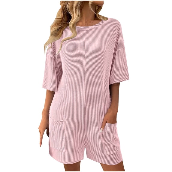 KyCheLot Summer Outfits for Women Rompers Knit Ribbed Short Sleeve Crewneck Tee Romper with Pockets