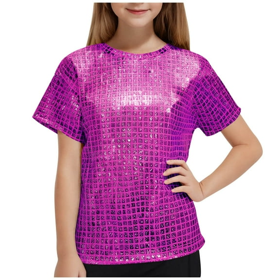 KyCheLot Toddler Kids Girls Sequin Tops Sparkly Solid Color Crewneck Short Sleeve Pullover Tee Tops Party 3-16 Years