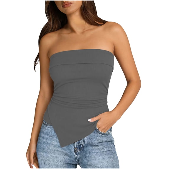 KyCheLot Tube Tops for Women Fitted Strapless Bandeau Pleated Asymmetrical Hem Tops Trendy Summer Beach Tank Tops