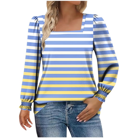 KyCheLot Tunic Tops for Women Loose Square Neck Color Block Dressy Long Sleeve Shirts Travel Work