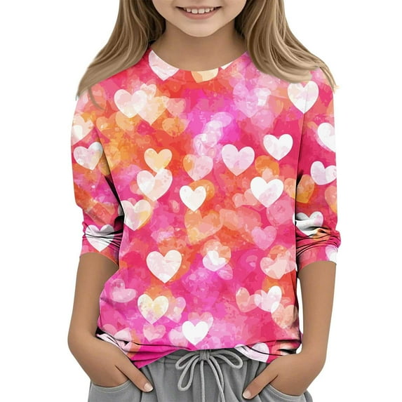 KyCheLot Valentine Shirts for Girls 3/4 Sleeve Cute Print Crewneck Casual Tee Tops School Party 3-12 Years