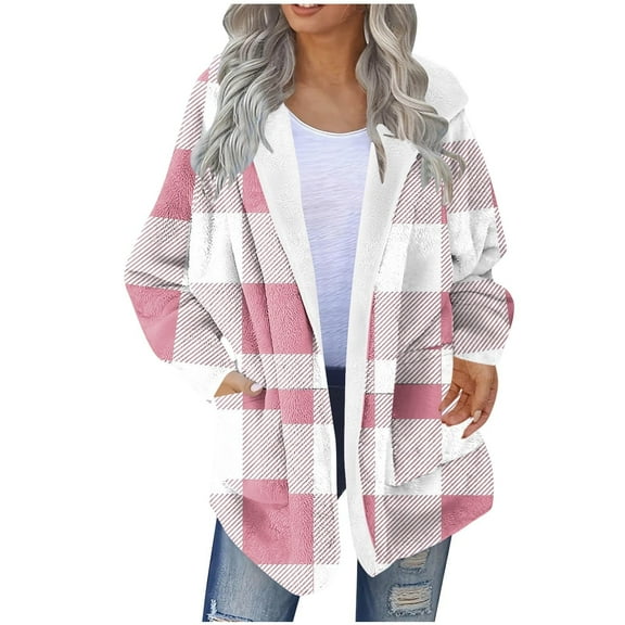 KyCheLot Warm Fleece Jackets for Women Casual Winter Fuzzy Plaid Long Sleeve Hooded Cardigan with Pockets