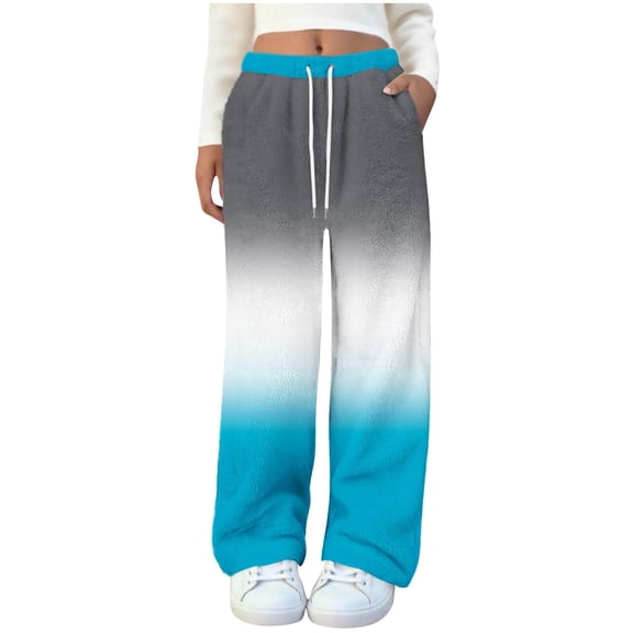 KyCheLot Warm Pajama Pants for Women Soft Fleece Color Block Elastic High Waist Drawstring Loose Pants with Pockets