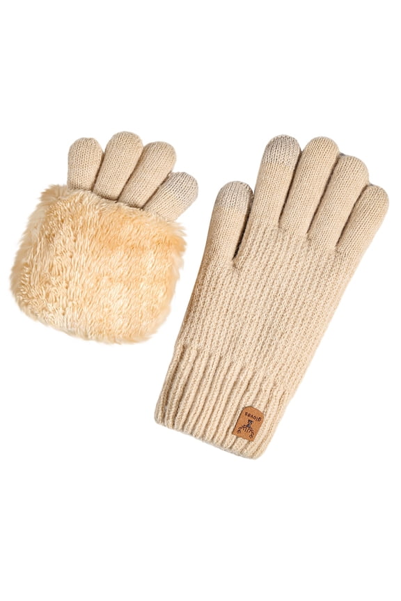 Winter Fleece Gloves for Women Solid Color Full Finger Outdoor Gloves Trendy Thermal Knitted Gloves