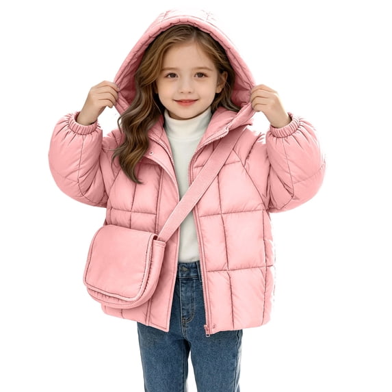 KyCheLot Winter Hooded Jacket for Girls Zip up Long Sleeve Thicken Jackets Kids Comfy Thermal Jackets with Bag