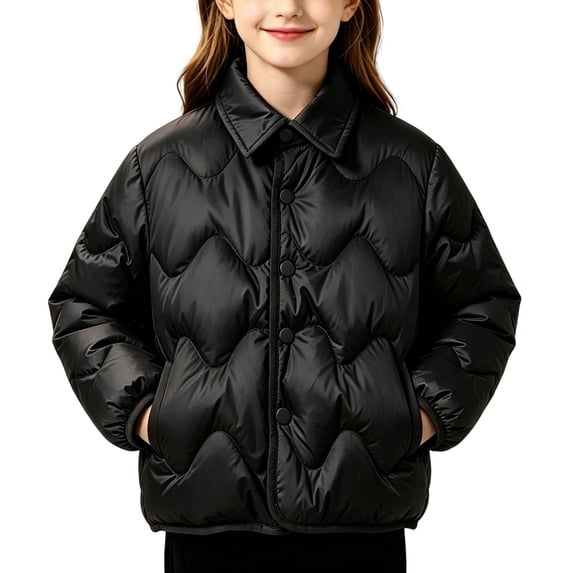 KyCheLot Winter Jacket for Girls Button Lapel Neck Long Sleeve Jackets Comfy Thermal Windproof Outerwear