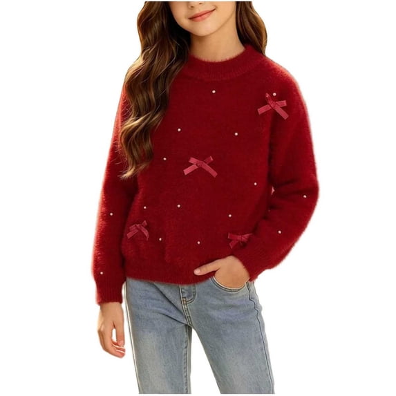 KyCheLot Winter Sweaters for Girls Long Sleeve Round Neck Knitted Clothes Trendy Bow Knot Warm Sweaters