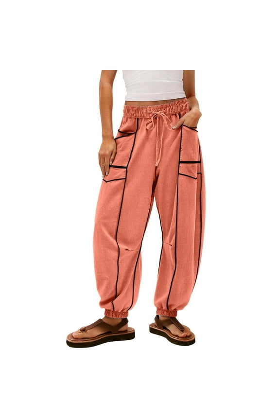 Women Sweatpants High Waisted Wide Leg Casual Drawstring Color Block Patchwork Loose Pants with Pockets