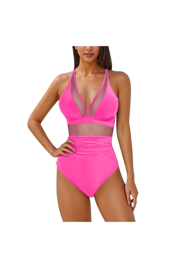 Women's Belly Hide Swimsuits Casual One-Piece Deep V Neck Swimwear Slimming Bathing Suits