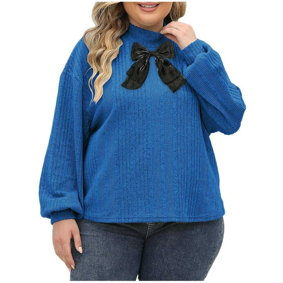 KyCheLot Women's Bow Sweaters Plus Size Knit Warm Long Sleeve Turtleneck Pullover Tops