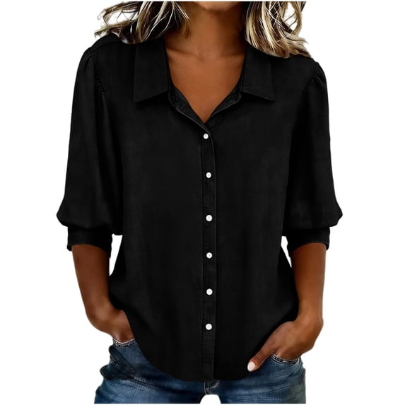 KyCheLot Women's Button down Shirts Fall 3/4 Sleeve Lapel Neck Solid Color Shirts Casual Comfy Business Shirts