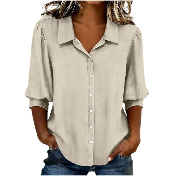 KyCheLot Women's Button down Shirts Fall 3/4 Sleeve Lapel Neck Solid Color Shirts Casual Comfy Business Shirts