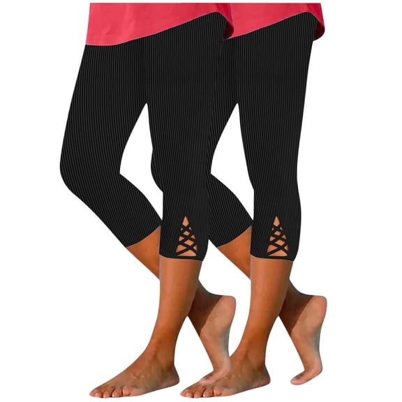 KyCheLot Women's Capris Leggings 2 Pack Ribbed Elastic Waist Hem Hollow out Stretchy Summer Casual Pants