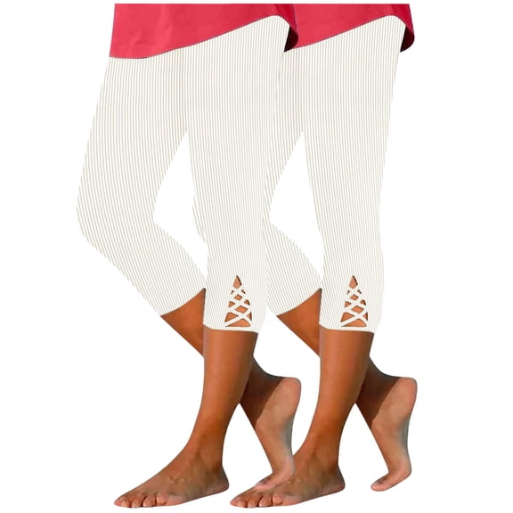 KyCheLot Women's Capris Leggings 2 Pack Ribbed Elastic Waist Hem Hollow out Stretchy Summer Casual Pants