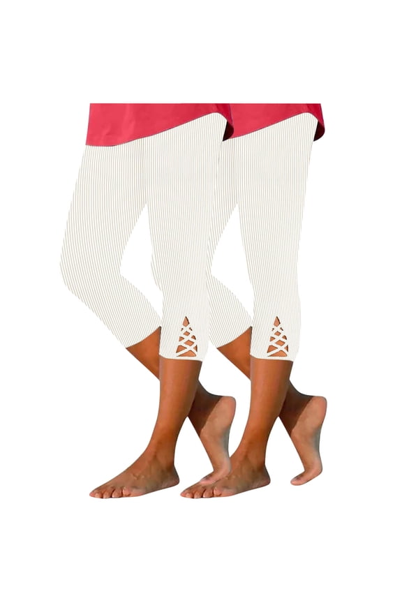 Women's Capris Leggings 2 Pack Ribbed Elastic Waist Hem Hollow out Stretchy Summer Casual Pants