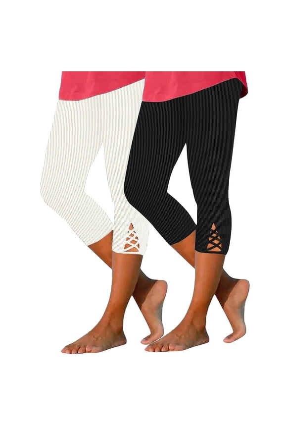 Women's Capris Leggings 2 Pack Ribbed Elastic Waist Hem Hollow out Stretchy Summer Casual Pants