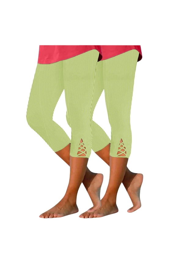 Women's Capris Leggings 2 Pack Ribbed Elastic Waist Hem Hollow out Stretchy Summer Casual Pants