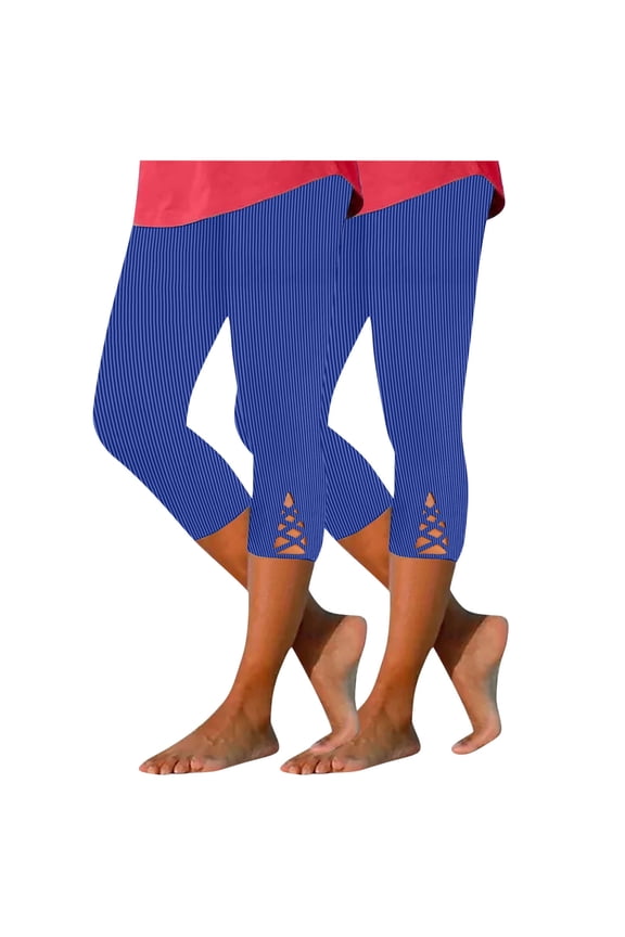 Women's Capris Leggings 2 Pack Ribbed Elastic Waist Hem Hollow out Stretchy Summer Casual Pants