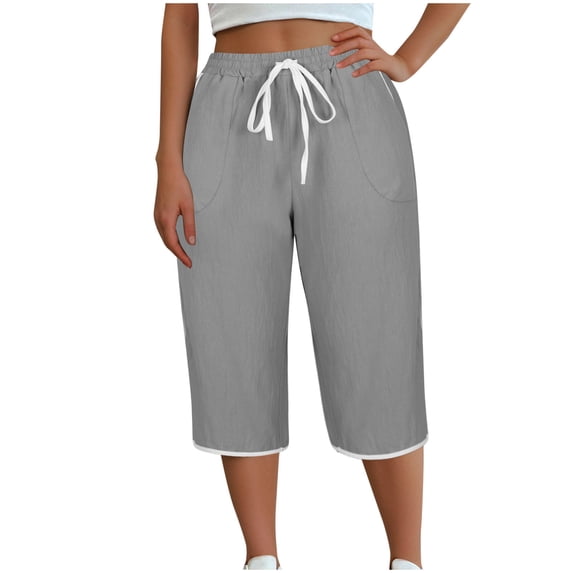 KyCheLot Women's Casual Capri Pants Elastic Waist Solid Color Drawstring Loose Cropped Pants with Pockets