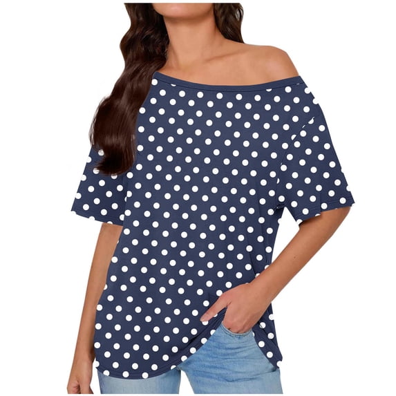 KyCheLot Women's Casual T-Shirts Polka Dot Print Short Sleeve off Shoulder Tops Loose Stretchy Summer Shirts