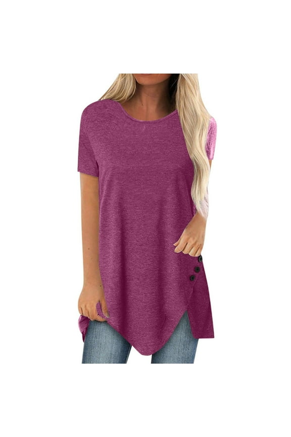 Women's Casual Tee Shirt Round Neck Irregular Hem Button Short Sleeve T Shirts Tunic Tops