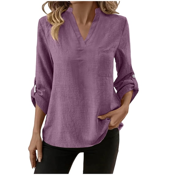 KyCheLot Women's Casual Work Shirts Breathable Cotton Linen 3/4 Sleeve V Neck Loose Tee Shirts Summer Spring